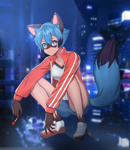anthro blue_eyes blue_hair bottomwear breasts candy clothing crouching dessert dipstick_tail dolphin_shorts female food footwear hair jacket lollipop looking_at_viewer markings multicolored_tail photo_background shoes short_hair shorts smile solo tail tail_markings topwear kemo_neko brand_new_animal studio_trigger michiru_kagemori canid canine mammal raccoon_dog tanuki 2020 digital_media_(artwork) hi_res photography_(artwork) shaded
