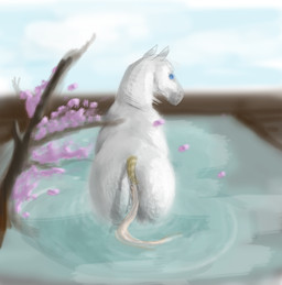 ambiguous_gender blue_eyes butt cherry_blossom cloud day feral flower mane peaceful plant prunus_(flower) rear_view sky solo tail water wave white_body white_mane white_skin white_tail wind ryxinel equid equine horse mammal absurd_res hi_res