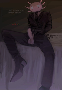 anthro bound clothed clothing command commanding_viewer dominant follo genitals humanoid_genitalia looking_at_viewer male solo suit_and_tie text unknown_artist kinito amphibian aquatic axolotl humanoid mole_salamander salamander english_text