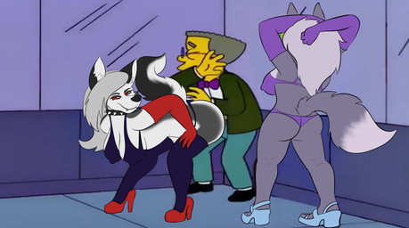 anthro breasts butt clothing collar dancing female footwear group high_heels horrified lingerie looking_back male male/female nipple_outline shoes spiked_collar spikes strip_club stripper trio twerking pickles-hyena five_nights_at_freddy's five_nights_at_freddy's:_security_breach hellaverse helluva_boss mythology scottgames smithers_scared_of_strippers steel_wool_studios the_simpsons loona_(helluva_boss) roxanne_wolf waylon_smithers canid canid_demon canine canis demon hellhound human mammal mythological_canine mythological_creature wolf hi_res meme