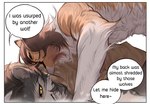 aman_(weibo) angry anthro biped bite brown_body brown_fur canid canine canis comic dialogue domestic_dog duo english_text fur grey_body grey_fur hard_translated herding_dog lying male mammal pastoral_dog speech_bubble text third-party_edit translated translation_edit wolf