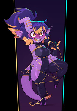 blonde_hair blush breasts clothed clothing female hair humanoid_pointy_ears not_furry open_mouth open_smile pointy_ears purple_body purple_hair simple_background smile solo yellow_eyes huffslove humanoid imp 2026 absurd_res hi_res