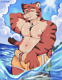 anthro clothed clothing erection erection_under_clothing fur genitals looking_at_viewer male one_eye_closed penis red_body red_fur solo tongue tongue_out topless topless_male underwear water wink winking_at_viewer yellow_clothing yellow_underwear olifawn lake_(xaev) felid mammal pantherine tiger hi_res
