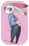 anthro barefoot biped bottomwear clothed clothing dipstick_ears ear_markings ears_back feet fully_clothed fur grey_body grey_fur light looking_at_viewer looking_back multicolored_ears pants pivoted_ears purple_eyes shirt simple_background solo three-quarter_view topwear 327b_(artist) disney zootopia judy_hopps lagomorph leporid mammal rabbit lighting