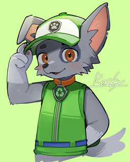 anthro blush blush_lines clothing collar fur green_background grey_body grey_fur hat headgear headwear kemono looking_at_viewer male simple_background solo topwear vest young young_anthro young_male kuromu paw_patrol rocky_(paw_patrol) canid canine canis domestic_dog mammal 2024 half-length_portrait hi_res japanese_description portrait