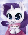 blue_background blue_eyes blue_eyeshadow blush clothed clothing container cup eyeshadow female feral fur hair holding_container holding_cup holding_object horn jacket looking_at_viewer makeup purple_hair scarf simple_background smile solo steam topwear white_body white_fur young steffy-beff friendship_is_magic hasbro my_little_pony mythology rarity_(mlp) equid equine mammal mythological_creature mythological_equine unicorn 2013 4:5 absurd_res bust_portrait hi_res portrait signature