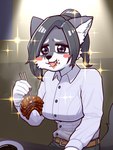 anthro blush chopsticks eating fangs female food fur grey_body grey_fur happy kemono meat solo sparkles teeth white_body white_fur 20daysapple tsukareta-inu_no_anime oogami-san_(tsukareta_inu) canid canine canis mammal wolf 2023 hi_res