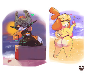 anthro armor beach beverage big_breasts big_butt black_body black_eyes black_nose breasts brown_body brown_fur butt clothing duo eyelashes female floppy_ears fur green_markings grey_body hair headgear heart_symbol helmet holding_beverage holding_object humanoid_pointy_ears looking_at_viewer looking_back looking_back_at_viewer lop_ears markings one_eye_obstructed orange_clothing orange_hair orange_swimwear pink_clothing pink_swimwear pointy_ears ponytail prehensile_hair rear_view red_eyes sea short_stack sitting smile sun swimwear tan_body tan_fur thick_thighs water wide_hips yellow_body yellow_fur yellow_sclera slippipipi animal_crossing nintendo the_legend_of_zelda twilight_princess isabelle_(animal_crossing) midna canid canine canis domestic_dog humanoid imp mammal shih_tzu toy_dog twili absurd_res hi_res