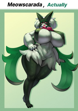 anthro big_breasts breast_curtains breasts claws curvy_figure female female_anthro fur green_body green_fur green_hair hair huge_breasts mask navel nipple_outline open_mouth open_smile pink_eyes pink_nose pink_tongue pose pseudo_clothing pupils small_waist smile thick_thighs tongue voluptuous wide_hips yboon nintendo pokemon generation_9_pokemon meowscarada pokemon_(species) absurd_res hi_res