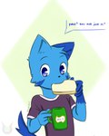 anthro blue_body blue_fur clothed clothing container cup eating eating_food food fur looking_at_viewer male mug sandwich_(food) solo speech_bubble text young young_anthro young_male hazumazu haziq_(hazumazu) domestic_cat felid feline felis mammal 2015 malaysian_text