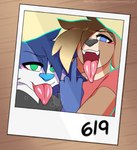 absurd_res anthro blush canid canine canis domestic_dog duo gesture hand_gesture hi_res lagomorph leporid looking_at_viewer male male/male mammal middle_finger photo polaroid_photo rabbit selfie sky_(youwannaslap) steam tongue tongue_out voki_(youwannaslap) youwannaslap