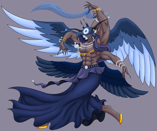 4_arms 4_wings clothing dancing dress gem gold_(metal) grey_hair hair hooves horn jewelry male melee_weapon moon multi_arm multi_limb multi_wing pearl_(gem) ring robe sabre_(weapon) shawl shirt silver_(metal) solo sparkles topwear tunic weapon wings rub_lug daeva humanoid monster absurd_res hi_res
