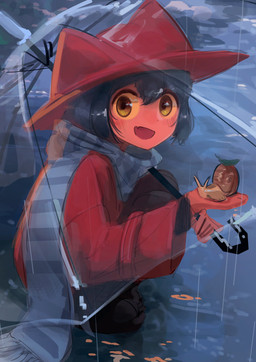 ambiguous_gender anthro blue_hair brown_eyes clothed clothing crouching cute_fangs detailed_background fangs feral hair hat headgear headwear holding_animal holding_object leaf looking_at_viewer open_mouth open_smile orange_sclera outside raining scarf smile solo teeth umbrella young shadches oneshot niko_(oneshot) domestic_cat felid feline felis gastropod mammal mollusk snail 2025 absurd_res digital_media_(artwork) hi_res