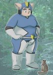 anthro armor balls_outline belly bulge clothing detailed_bulge duo feral genital_outline headgear helmet kemono male outside overweight overweight_male penis_outline skinsuit tight_clothing young pinoren canid canine mammal rodent sciurid tree_squirrel 2022 hi_res