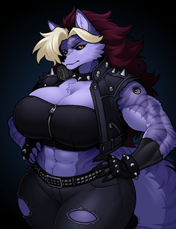 animal_ears anthro big_breasts biped bottomwear breasts clothed clothing eyelashes female fur hair looking_at_viewer multicolored_body muscular muscular_female pupils solo thick_thighs topwear torn_clothing blazbaros canid canine mammal hi_res
