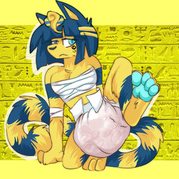 anthro blue_eyes blue_pawpads clothed clothing diaper diaper_fetish feces feet female fur hindpaw looking_at_viewer pawpads paws raised_leg soiled_diaper soiling solo unclean_diaper used_diaper wearing_diaper yellow_body yellow_fur diximmo animal_crossing nintendo ankha_(animal_crossing) domestic_cat felid feline felis mammal 1:1 hi_res