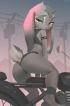 anthro big_ears biped bottomwear butt clothed clothing eyebrows female grey_tail looking_at_viewer pink_nose power_lines pupils purple_eyes short_tail skimpy solo tail topwear miles_df disney zootopia judy_hopps lagomorph leporid mammal rabbit