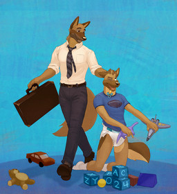 ageplay anthro belt bottomwear briefcase clean_diaper clothed clothing diaper footwear infantilism kneeling legwear male necktie pacifier pants playing roleplay shirt shoes socks topwear toy walking wearing_diaper colt3n canid canine canis domestic_dog mammal 2014 hi_res father_(lore) father_and_child_(lore) father_and_son_(lore) parent_(lore) parent_and_child_(lore) parent_and_son_(lore) son_(lore)