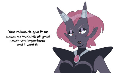 2_horns breasts clothed clothing dialogue eyeshadow female hair horn horn_jewelry horn_ring humanoid_pointy_ears jewelry makeup not_furry pink_hair pointy_ears ring_(jewelry) short_hair simple_background solo text topwear white_background kianamai pretty_pretty_please_i_don't_want_to_be_a_magical_girl lady_devoid horned_humanoid humanoid mammal digital_media_(artwork)