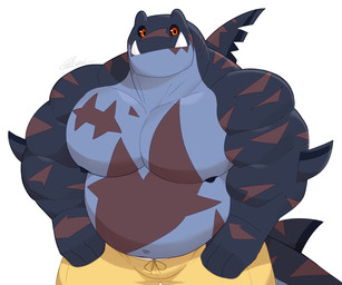 anthro barazoku big_muscles black_nipples black_sclera bottomwear clothed clothing dorsal_fin elbow_fin fangs fin front_view grey_body male musclegut muscular muscular_anthro muscular_arms muscular_male nipples non-mammal_nipples orange_eyes pecs scar scars_all_over simple_background solo tail teeth topless topless_anthro topless_male white_background yellow_bottomwear yellow_clothing same22shark nelson_(same22shark) aquatic fish shark 2022 digital_media_(artwork) half-length_portrait hi_res portrait signature