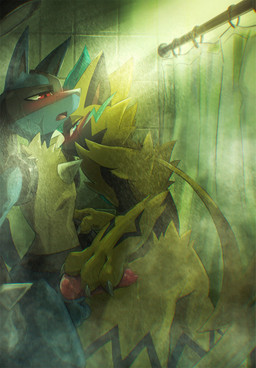 animal_genitalia animal_penis anthro anthro_on_anthro balls bathing black_body black_fur blue_balls blue_body blue_eyes blue_fur blush bodily_fluids canine_genitalia canine_penis chest_spike claws dripping duo erection finger_claws fur genital_fluids genitals hand_on_penis hand_spike inside knot male male/male open_mouth penis pink_penis precum precum_drip red_eyes sex shower shower_curtain showering spikes spikes_(anatomy) steam tile tile_wall wall_(structure) wet wet_body wet_fur yellow_body yellow_fur tenebscuro nintendo pokemon canid canine felid feline generation_4_pokemon generation_7_pokemon legendary_pokemon lucario mammal pokemon_(species) zeraora absurd_res hi_res shaded