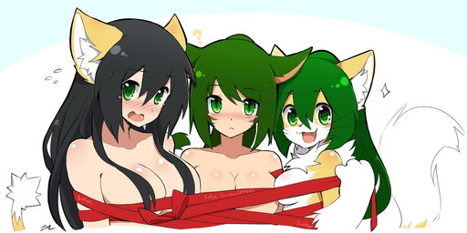 anthro big_breasts black_hair blush breasts female green_eyes green_hair group hair looking_at_viewer open_mouth open_smile present_wrap question_mark simple_background smile trio white_background sollyz sollyz_(character) sollyz_(ffxiv) sundyz animal_humanoid cat_humanoid domestic_cat felid felid_humanoid feline feline_humanoid felis humanoid mammal mammal_humanoid 2017 signature