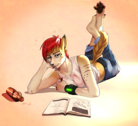 alcohol anthro beverage biped book breasts brown_body brown_fur clothed clothing drunk female fur hair half-closed_eyes jewelry lying narrowed_eyes necklace on_front red_hair simple_background smile solo substance_intoxication totesfleisch8 canid canine mammal hi_res