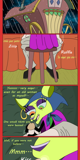 anthro cloak clothing duo eyeshadow faceless_character fellatio female fortune_teller fur genitals green_body green_fur handjob headgear headwear human_on_anthro interspecies kissing larger_male magic makeup male male/female mature_female oral penile penis penis_kissing piercing purple_eyeshadow sex size_difference smaller_female text shane_frost cartoon_network courage_the_cowardly_dog shirley_the_medium canid canine canis chihuahua domestic_dog human mammal toy_dog absurd_res comic english_text hi_res