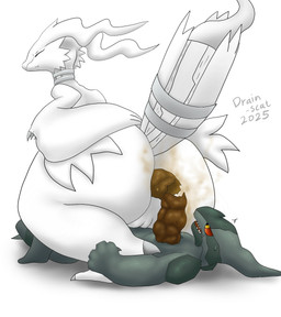 anthro anus black_body butt duo eyes_closed feces feces_in_ass feces_on_body female fur genitals looking_forward lying male male/female nude pooping pooping_on_another red_eyes scatplay simple_background sitting sitting_on_another surprised vulva white_background white_body white_fur drain_scat nintendo pokemon generation_5_pokemon legendary_pokemon pokemon_(species) reshiram zekrom hi_res