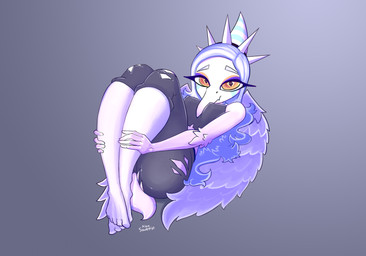 anthro big_eyes biped black_bottomwear black_clothing black_crop_top black_pants black_shirt black_topwear blue_body bone_frill bottomwear breasts clothing collar crop_top elbow_feathers eyebrows feathered_wings feathers feet female fingers frill_(anatomy) front_view grey_background grey_hair hair humanoid_feet humanoid_hands long_hair looking_at_viewer markings medium_breasts nipple_outline non-mammal_breasts orange_eyes pants plantigrade purple_body purple_feathers raised_eyebrows seductive shirt short_tail simple_background smile solo spiked_collar spikes striped_markings stripes tail text toes topwear torn_bottomwear torn_clothing torn_pants wings alexsavenije cavemanon_studios goodbye_volcano_high ko_op_(game_developer) snoot_game fang_(gvh) prehistoric_species pterosaur reptile scalie artist_name colored hi_res shaded