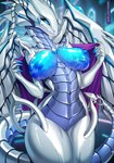 anthro areola biped blue_eyes breasts female fingers genitals glistening glistening_breasts glistening_thighs nipples non-mammal_breasts pussy solo tail text wings yasmil mythology yu-gi-oh! blue-eyes_abyss_dragon dragon duel_monster mythological_creature mythological_scalie scalie 2024 digital_media_(artwork) hi_res url