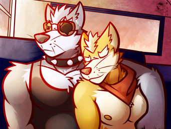 bus clothed clothing collar commercial_vehicle cuddling duo eye_patch eyewear inside_bus kerchief male neckerchief neckwear public_transportation romantic romantic_couple sleeping spiked_collar spikes sunglasses sunset topless vehicle vehicle_for_hire whiskers ventkazemaru nintendo star_fox fox_mccloud wolf_o'donnell canid canine canis fox mammal wolf 4:3