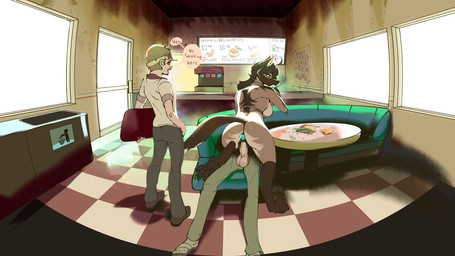ahoge anal anal_penetration anthro back_boob beverage big_breasts bikini bikini_top blonde_hair booth_seating bottomless bottomwear breasts brown_body brown_fur brown_hair buttplug buttplug_in_ass buttplug_insertion chips_(food) cigarette claws clothed clothing countershading countertop cowgirl_position dialogue digitigrade fast_food fast_food_uniform female fisheye_lens floor food footwear from_front_position fully_clothed fur furniture green_eyes grey_bottomwear grey_clothing grey_pants group hair hand_on_hip hat headgear headwear holding_object human_on_anthro inner_ear_fluff inside interspecies long_hair looking_at_another looking_back looking_back_at_another male male/female menu_screen mostly_nude object_in_ass on_bottom on_top one_leg_up pants pawpads penetration pickle_(food) plug_(sex_toy) plug_insertion pointy_ears poster_(object) pubes public public_exposure public_sex raised_leg restaurant sandals sandwich_(food) sex sex_toy sex_toy_in_ass sex_toy_insertion shoes short_hair sign smoking smoking_cigarette socks soda soda_fountain standing swimwear table tail tan_clothing tan_shirt tan_topwear tile tile_floor toe_claws topwear trash_can tray trio tuft two-piece_swimsuit vaginal vaginal_penetration visor_cap window window_light yellow_eyes wagooga pepperjack_bleu canid canine canis domestic_dog german_shepherd herding_dog human mammal pastoral_dog 2026 absurd_res digital_media_(artwork) hi_res shaded