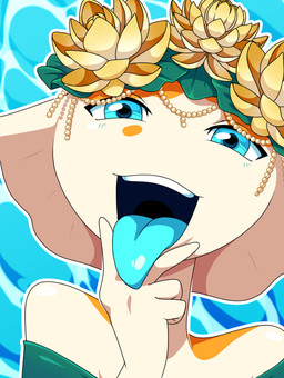 ambiguous_gender anthro blue_eyes blue_tongue cunnilingus_gesture flower flower_crown gem gesture glistening glistening_tongue noseless open_mouth orange_spots pearl_(gem) plant solo spots suggestive suggestive_gesture tan_body teeth tongue tongue_out water_background scittykitty amur_carp aquatic carp cyprinid cypriniform fish koi typical_carp