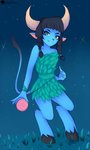 anthro black_hair blue_body blue_fur braided_hair clothing female fur green_clothing green_eyes hair hooves horn solo yo-yo skyversa activision spyro_reignited_trilogy spyro_the_dragon spinner_(spyro) faun_(spyro) hi_res