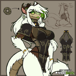 anthro biped breasts butt claws clothed clothed_anthro clothed_female clothing eyewear female fingers front_view fur glasses hair horn kneeling looking_at_viewer rear_view smile solo standing tail tongue spiritelin elena_(psychorodent) snatyr 1:1 2026 digital_drawing_(artwork) digital_media_(artwork) hi_res
