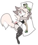 anthro body_pillow bra breasts clothed clothing female fur grey_body grey_fur hair holding_object legwear looking_at_viewer looking_back looking_back_at_viewer panties pillow pink_hair simple_background solo stockings underwear lunariumn nintendo pokemon n_(pokemon) canid canine fox human mammal absurd_res hi_res