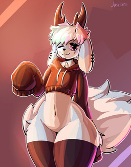 2_horns :3 abstract_background anthro black_clothing black_hoodie black_horn black_legwear black_stockings black_thigh_highs black_topwear blue_body blue_fur blush bottomless chest_tuft clothed clothing countershade_face countershade_fur countershade_legs countershade_thighs countershade_torso countershading cropped_hoodie crossdressing ear_piercing eyeliner featureless_crotch femboy floppy_ears fur hair highlights_(coloring) hoodie horn jewelry legwear makeup male midriff multicolored_body multicolored_fur multicolored_hair navel necklace one_eye_closed pear-shaped_figure piercing pink_eyes pink_hair pink_highlights smile solo standing stockings tail text thick_thighs thigh_highs topwear tuft two_tone_hair white_body white_countershading white_fur white_hair wide_hips justbirb bovid caprine goat mammal artist_name character_request digital_media_(artwork) hi_res krita_(artwork) portrait three-quarter_portrait