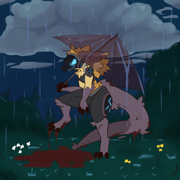 anthro digitigrade machine male mud on_one_leg outside raining solo standing transparent_umbrella umbrella maxadisasta protogen 1:1 absurd_res hi_res