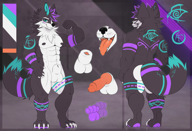 animal_genitalia anthro flexing flexing_bicep fur genitals knot male male/male muscular open_mouth purple_body purple_fur sheath solo teal_body teal_fur macyw wolfpupsif canid canine canis mammal wolf absurd_res hi_res model_sheet