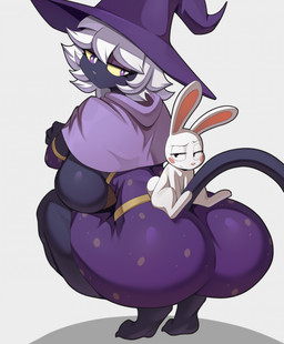 anthro barefoot big_breasts biped breasts butt crouching duo feet female fingers frown fur hair looking_back male purple_body purple_eyes purple_tail rear_view shadow side_boob simple_background tail white_background white_body white_fur white_hair white_tail cooliehigh nemo_(simplifypm) domestic_cat felid feline felis lagomorph leporid mammal rabbit 2025 digital_media_(artwork) english_description hi_res