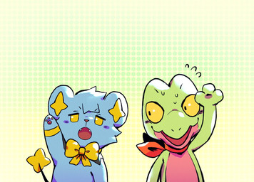 annoyed black_body black_fur blue_body blue_fur bodily_fluids bow_tie duo fangs fur green_body half-closed_eyes narrowed_eyes open_mouth pawpads raised_arm red_scarf scarf surprised sweat teeth yellow_bow_tie yellow_eyes yellow_sclera thatlazyrat nintendo pokemon pokemon_mystery_dungeon spike_chunsoft generation_3_pokemon generation_4_pokemon pokemon_(species) shinx treecko 2021 english_description