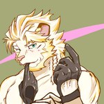 anthro blonde_hair blue_eyes clothed clothing fur glove_in_mouth gloves hair handwear male muscular muscular_anthro muscular_male pecs solo topless white_body white_fur to_hakuto lifewonders live_a_hero astosis felid lion mammal pantherine 1:1