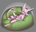 2023 absurd_res anthro bean_bag big_ears concentration cubow digitigrade eeveelution espeon featureless_crotch forehead_gem forked_tail front_view full-length_portrait gem generation_2_pokemon glowing glowing_eyes grey_background grey_nose hi_res high-angle_view holding_note_pad holding_object holding_pencil looking_down lying male nintendo nude on_back on_bean_bag paws pencil_(object) pokemon pokemon_(species) portrait purple_sclera semi-anthro simple_background solo tail tongue tongue_out unusual_anatomy unusual_tail white_eyes white_glow