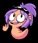 4_fingers ambiguous_gender clothing eyelashes feral fingers floating_hands hair headgear headgear_only headwear headwear_only limbless looking_at_viewer mostly_nude noseless open_mouth purple_hair purple_tongue raised_tail simple_background smile solo tail tongue toony transparent_background doodlinghitman worms_(series) worm worm_(worms) alpha_channel cel_shading digital_drawing_(artwork) digital_media_(artwork) shaded female_(lore)