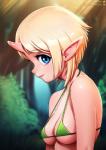 bikini blonde_hair blue_eyes breasts clothed clothing detailed_background eyelashes female forest hair horn humanoid humanoid_pointy_ears lips looking_at_viewer neocoill not_furry outside plant short_hair solo swimwear tree unknown_species