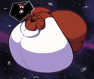 anthro belly big_belly big_butt black_body black_fur blush blush_lines brown_body brown_fur butt chubby_cheeks fat_arms floating fur galaxy huge_belly huge_butt huge_hips hyper hyper_belly immobile love_handles macro male markings moobs morbidly_obese nebula obese overweight red_eyes small_head solo space star striped_markings striped_tail stripes tail tail_markings white_body white_fur wide_hips boot_(artist) guardians_of_the_galaxy marvel rocket_raccoon mammal procyonid raccoon 2017
