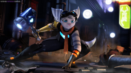 anthro blue_eyes boots clothed clothing ear_piercing ear_ring eyewear female fog footwear fur gloves glowing goggles hammer handwear head_tuft holding_object holding_weapon kneeling lights long_ears looking_away looking_up machine melee_weapon multicolored_body multicolored_fur neon_lights neon_sign outside piercing pink_nose pipe poster prosthetic prosthetic_arm prosthetic_limb purple_body ring_piercing scarf science_fiction shoes sign solo striped_body striped_fur stripes tools tuft two_tone_body two_tone_fur wanted_poster weapon yamimarik1994 ratchet_and_clank sony_corporation sony_interactive_entertainment rivet_(ratchet_and_clank) lombax mammal 16:9 3d_(artwork) 4k absurd_res digital_media_(artwork) hi_res source_filmmaker_(artwork) widescreen