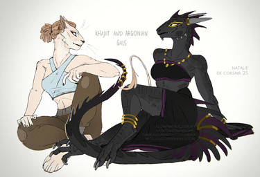 accessory amber_eyes amber_sclera anklet anthro black_body black_lips black_scales bottomwear bracelet breasts brown_hair claws clothing crop_top dress duo facial_spikes fangs feet female finger_claws frill_(anatomy) fur furgonomics gold_(metal) gold_jewelry hair head_crest head_frill horn horn_jewelry horn_ring jewelry lips looking_at_another makeup mascara midriff navel necklace non-mammal_breasts pants pawpads ponytail ring_(jewelry) scales sharp_teeth shirt simple_background sitting spikes spikes_(anatomy) tail tail_accessory tail_tuft tailband tan_body tan_fur teeth text toe_claws topwear tuft whiskers white_background natalie_de_corsair microsoft the_elder_scrolls argonian felid khajiit mammal scalie 2025 english_text url