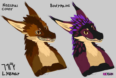 ambiguous_gender anthro black_body black_fur bodypaint brown_body brown_eyes brown_feathers brown_fur canine_teeth countershading crossed_arms ear_tuft feathers featureless_chest fur gloves_(marking) grey_background grin grinning_at_viewer looking_at_viewer mane markings purple_body purple_feathers purple_fur simple_background smile smiling_at_viewer solo tan_body tan_countershading tan_fur text toothy_grin tuft tiena lyenar_(tiena) feather_maned_dragon 2026 colored_sketch digital_media_(artwork) english_text portrait sketch female_(lore)